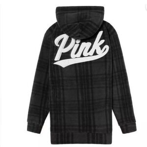 PINK Victoria's Secret Plaid Campus Fleece Hoodie XS Grey Black 1/4 Zip Pullover